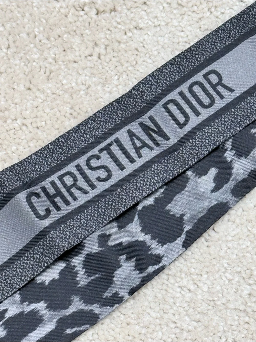 Dior Black and Gray Leopard-Print Twilly Scarf